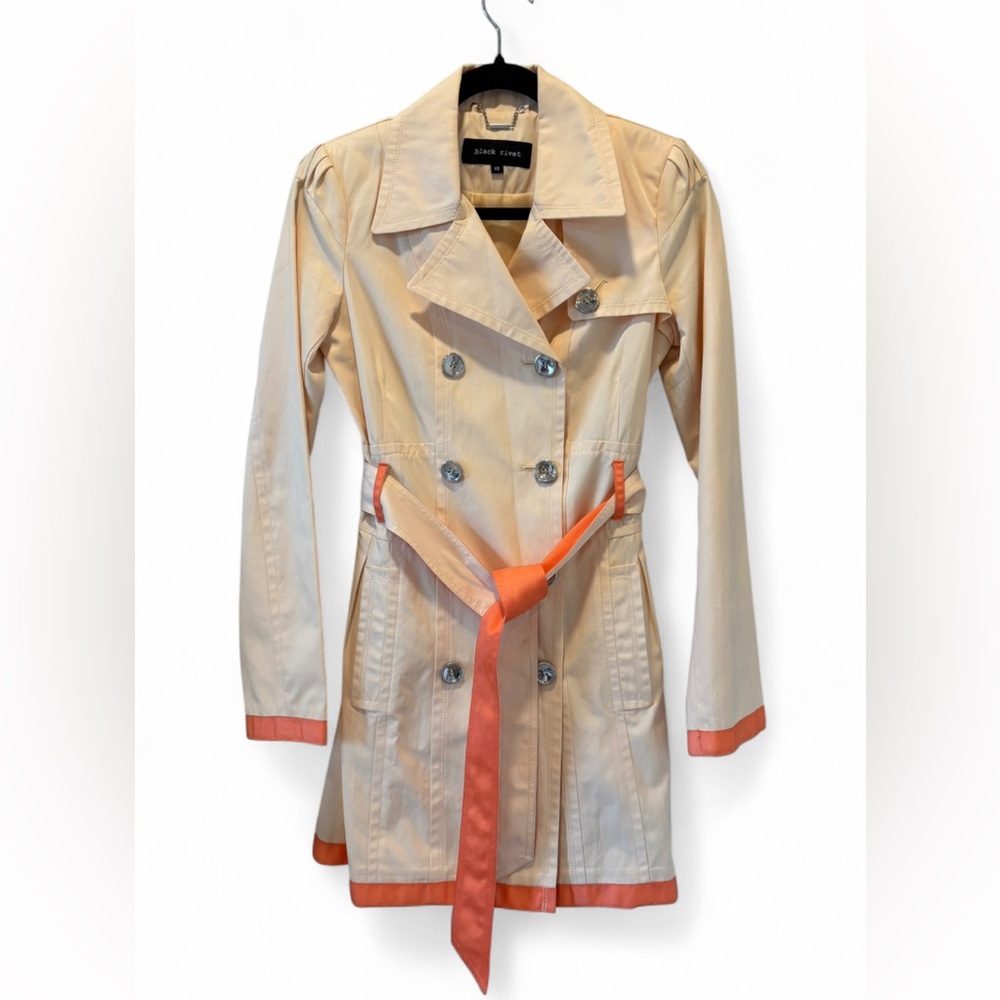 Black Rivet Women’s Butter Yellow Double Breasted Trench Coat w/ Orange Accents